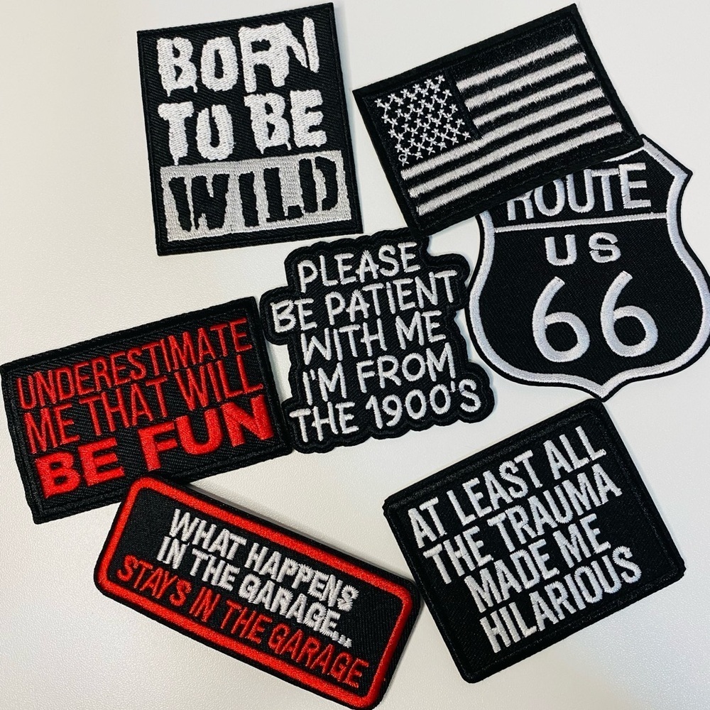 Lot of 7 funny embroidered iron on patches, flag, gift for men, DIY project